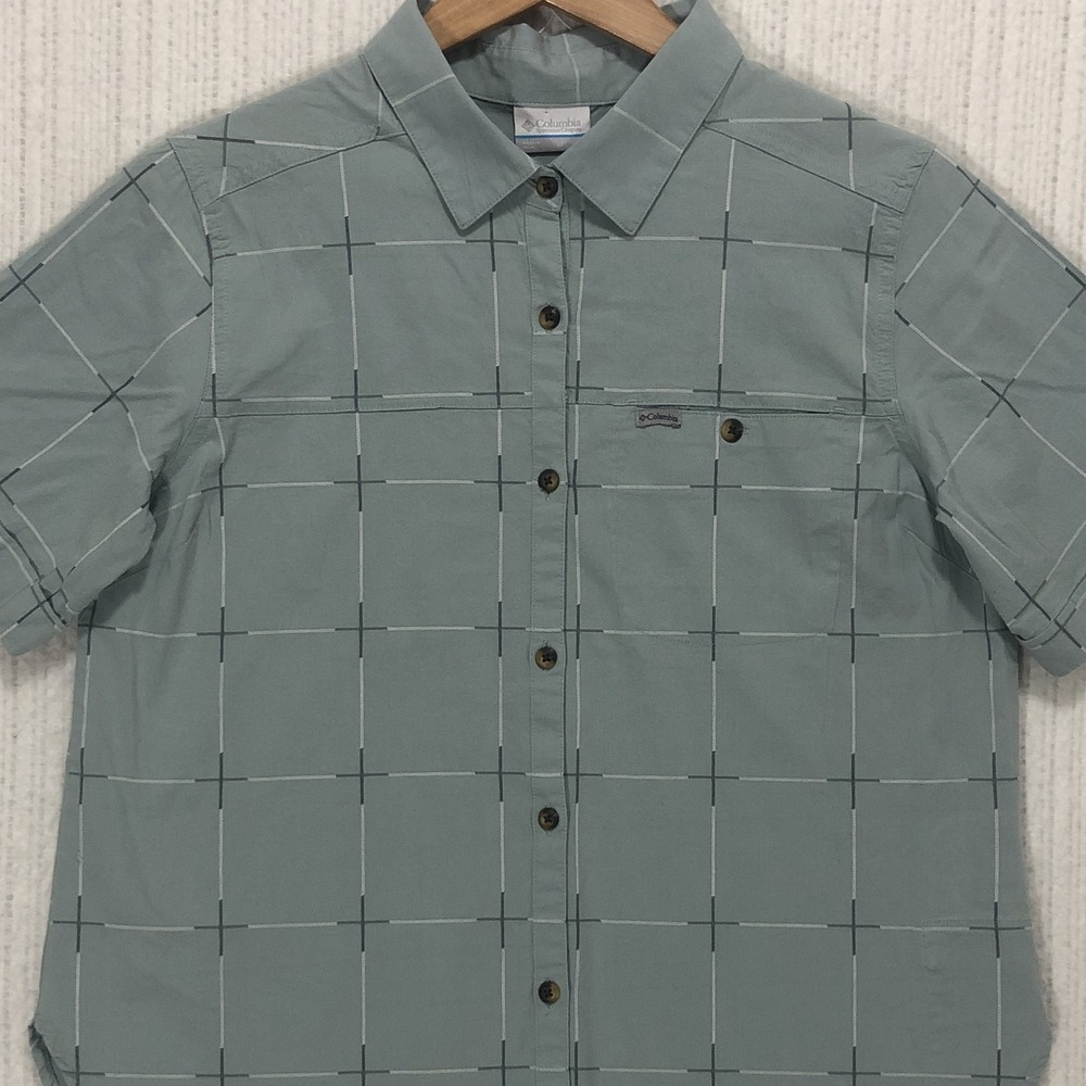 Columbia Womens Short Sleeve Button Down Shirt Sage Green Grid AL0933 Large